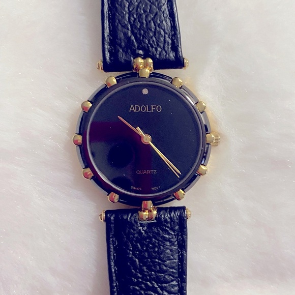 NWT ADOLFO Genuine Leather Quartz Analog Women's Watch In Black/Hold Hardware - Picture 2 of 10